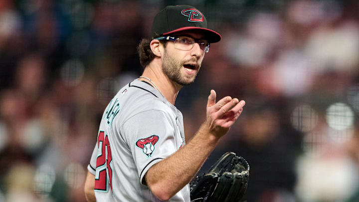 Sep 9, 2025; San Francisco, California, USA; Arizona Diamondbacks starting pitcher Zac Gallen (23) argues with home plate umpire Doug Eddings (88) (not pictured) during a pitching change against the San Francisco Giants during the seventh inning at Oracle Park. Mandatory Credit: Robert Edwards-Imagn Images Sep 9, 2025; San Francisco, California, USA; Arizona Diamondbacks starting pitcher Zac Gallen (23) argues with home plate umpire Doug Eddings (88) (not pictured) during a pitching change against the San Francisco Giants during the seventh inning at Oracle Park. Mandatory Credit: Robert Edwards-Imagn Images