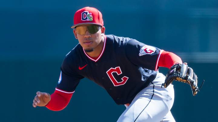 Feb 24, 2026; Phoenix, Arizona, USA; Cleveland Guardians infielder Angel Genao against the Los Angeles Dodgers during a spring training game at Camelback Ranch-Glendale. Mandatory Credit: Mark J. Rebilas-Imagn Images