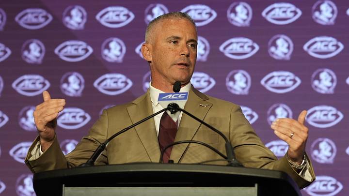 Jul 22, 2024; Charlotte, NC, USA; Florida State head coach Mike Norvell speaks to the media during ACC Kickoff at Hilton Charlotte Uptown. Mandatory Credit: Jim Dedmon-Imagn Images