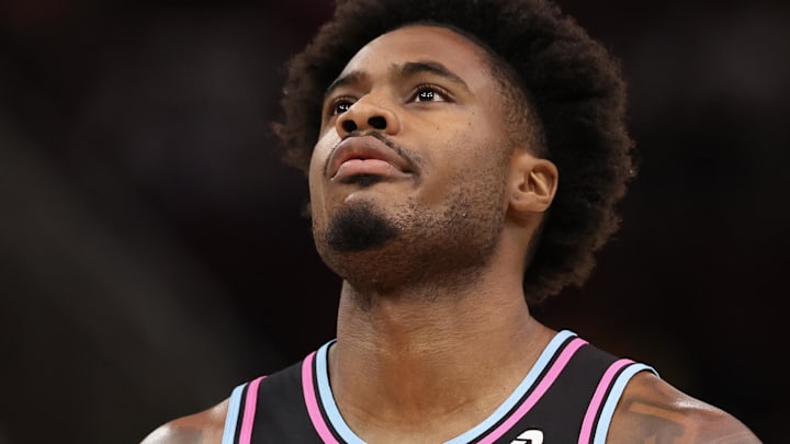 Miami Heat guard Davion Mitchell (45) reacts (Mandatory Credit: Thomas Shea-Imagn Images)