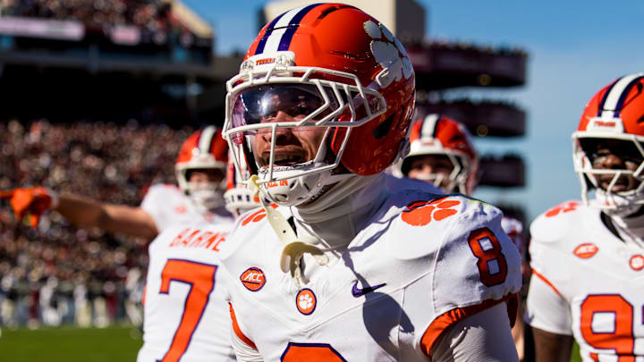 Clemson Tigers cornerback Avieon Terrell (8) celebrates a play against the South Carolina Gamecocks in the first quarter at Williams-Brice Stadium. Nov 29, 2025. Mandatory Credit: Jeff Blake-Imagn Images