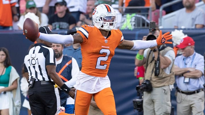 October 8, 2023, Denver, Colorado, USA: Broncos CB PAT SURTAIN II runs to the south stands to celebrate with fans after an interception during the closing of the 2nd. Half at Empower Field at Mile High Sunday afternoon. Jets beat the Broncos 31-21. 