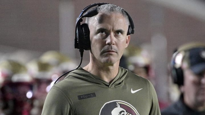 Nov 15, 2025; Tallahassee, Florida, USA; Florida State Seminoles head coach Mike Norvell during the second half against the Virginia Tech Hokies at Doak S. Campbell Stadium. Mandatory Credit: Melina Myers-Imagn Images