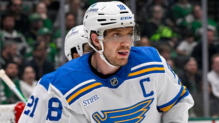 Oct 2, 2026; Dallas, Texas, USA; St. Louis Blues center Robert Thomas (18) skates against the Dallas Stars during the game at the American Airlines Center. Mandatory Credit: Jerome Miron-Imagn Images