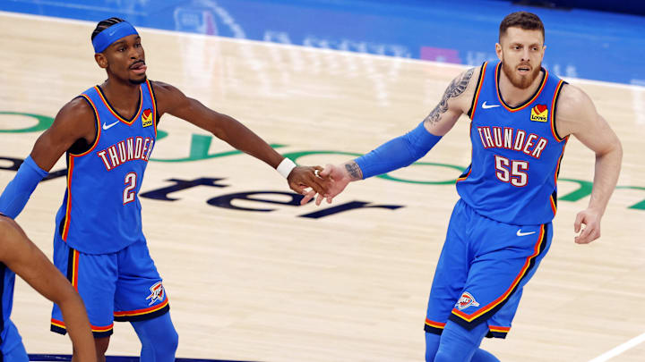 May 28, 2025; Oklahoma City, Oklahoma, USA; Oklahoma City Thunder guard Shai Gilgeous-Alexander (2) and center Isaiah Hartenstein (55) celebrate during the first quarter against the Minnesota Timberwolves in game five of the western conference finals for the 2025 NBA Playoffs at Paycom Center. Mandatory Credit: Alonzo Adams-Imagn Images May 28, 2025; Oklahoma City, Oklahoma, USA; Oklahoma City Thunder guard Shai Gilgeous-Alexander (2) and center Isaiah Hartenstein (55) celebrate during the first quarter against the Minnesota Timberwolves in game five of the western conference finals for the 2025 NBA Playoffs at Paycom Center. Mandatory Credit: Alonzo Adams-Imagn Images