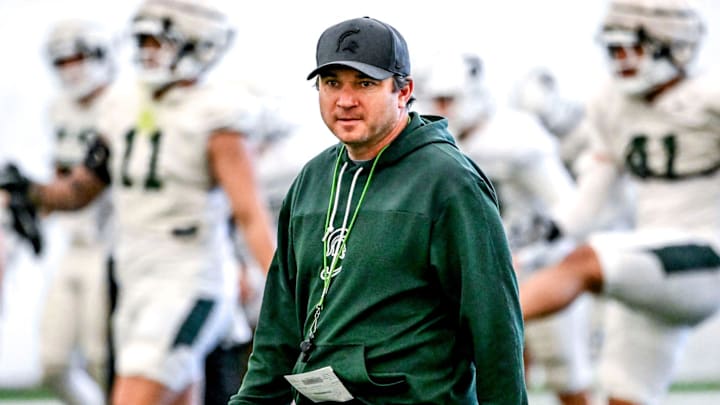 Michigan State football head coach Jonathan Smith looks on during practice on Tuesday, April 8, 2025, in East Lansing.