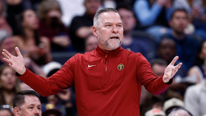 Mar 24, 2025; Denver, Colorado, USA; Denver Nuggets head coach Michael Malone gestures in the third quarter against the Chicago Bulls at Ball Arena. Mandatory Credit: Isaiah J. Downing-Imagn Images Mar 24, 2025; Denver, Colorado, USA; Denver Nuggets head coach Michael Malone gestures in the third quarter against the Chicago Bulls at Ball Arena. Mandatory Credit: Isaiah J. Downing-Imagn Images