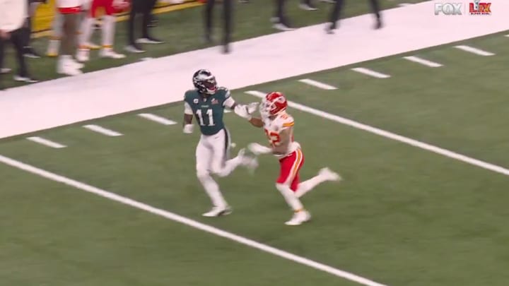 A.J. Brown is flagged for offensive pass interference against Trent McDuffie during Super Bowl LIX