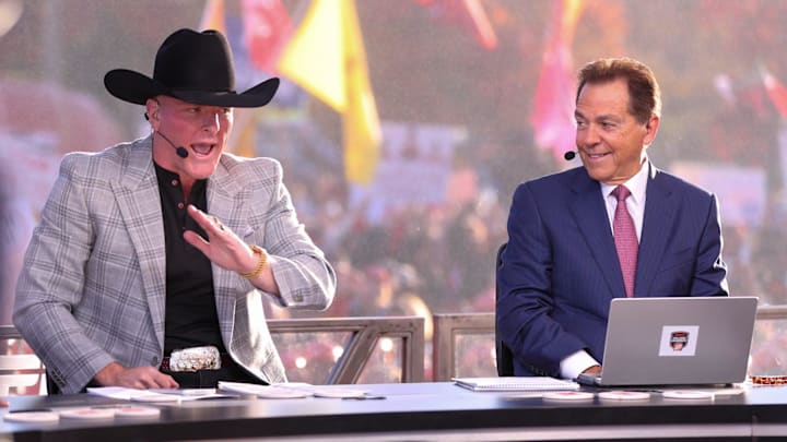 ESPN personality Pat McAfee talks during College GameDay as Nick Saban looks on, Saturday, Nov. 8, 2025, at Jones AT&T Stadium.