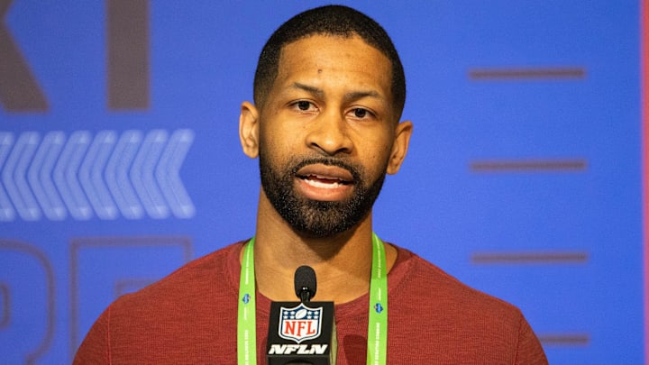 Mar 1, 2022; Indianapolis, IN, USA; Cleveland Browns general manager Andrew Berry talks to the media during the 2022 NFL Combine. Mandatory Credit: Trevor Ruszkowski-Imagn Images