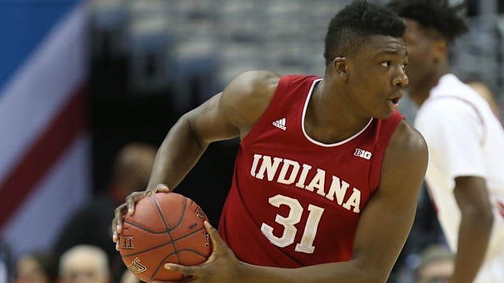 Indiana Hoosiers center Thomas Bryant holds the ball against the Wisconsin Badgers in the first half during the Big Ten Conference Tournament at Verizon Center.