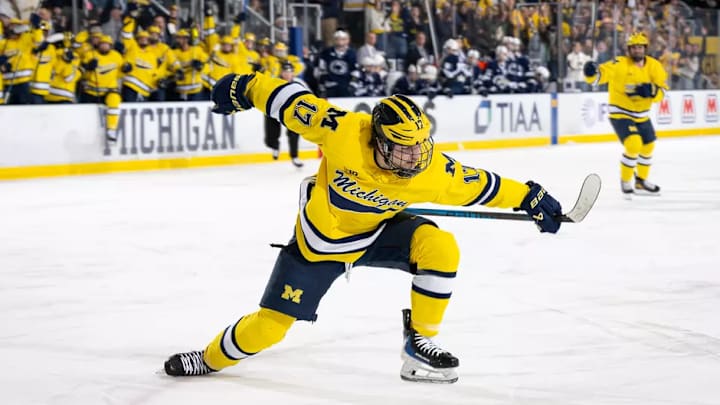 Michigan forward Garrett Schifsky celebrates during the Big Ten semifinal win over Penn State, locking up the top seeding in the NCAA Tournament. Michigan forward Garrett Schifsky celebrates during the Big Ten semifinal win over Penn State, locking up the top seeding in the NCAA Tournament.