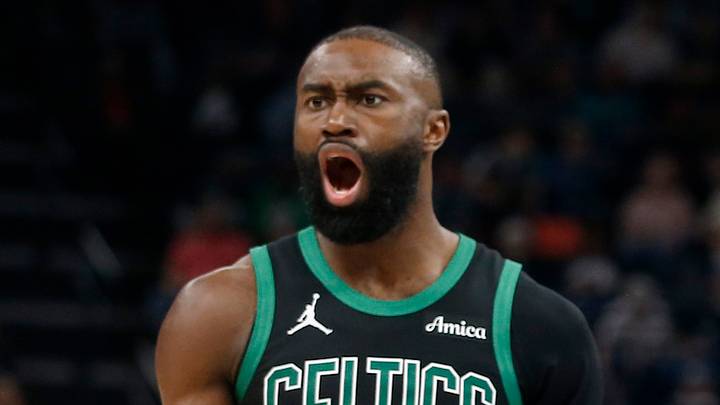 Mar 20, 2026; Memphis, Tennessee, USA; Boston Celtics guard Jaylen Brown (7) and forward Jayson Tatum (0) react during the third quarter against the Memphis Grizzliesat FedExForum. Mandatory Credit: Petre Thomas-Imagn Images