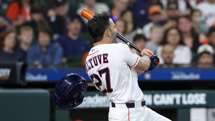 Mar 28, 2026; Houston, Texas, USA;  Houston Astros second baseman Jose Altuve (27) strikes out against the Los Angeles Angels in the first inning at Daikin Park. Mandatory Credit: Thomas Shea-Imagn Images