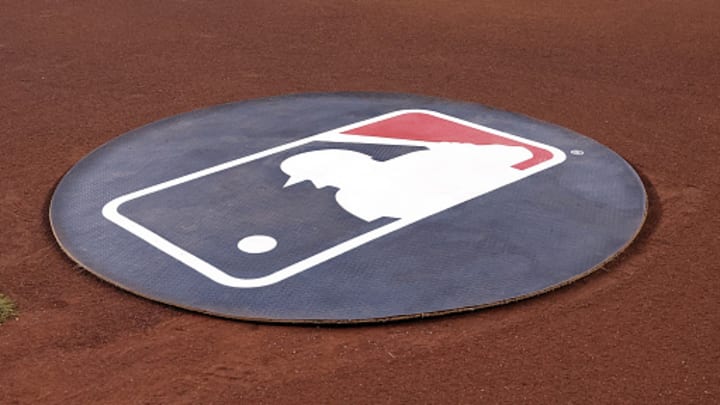 The MLB logo is shown on a on deck circle at an Arizona Diamondbacks game.