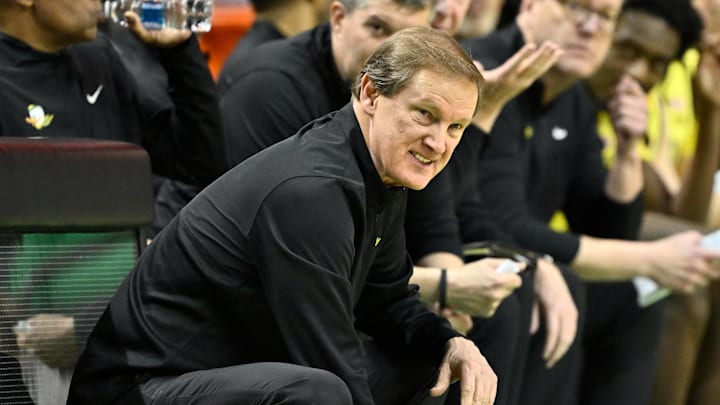 Feb 25, 2026; Eugene, Oregon, USA; Oregon Ducks head coach Dana Altman reacts to action on the court during the second half against the Wisconsin Badgers at Matthew Knight Arena. Mandatory Credit: Craig Strobeck-Imagn Images