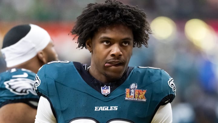 Feb 9, 2025; New Orleans, LA, USA; Philadelphia Eagles  wide receiver Jahan Dotson (83) against the Kansas City Chiefs during Super Bowl LIX at Ceasars Superdome. Mandatory Credit: Mark J. Rebilas-Imagn Images