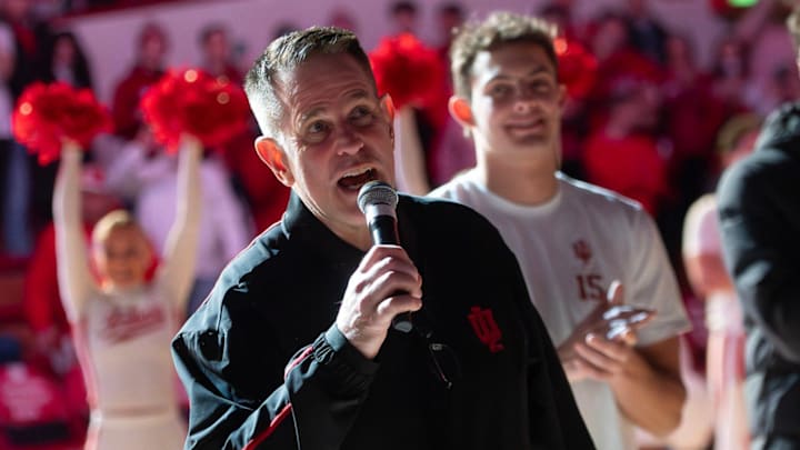 Indiana football coach Curt Cignetti talks before the Indiana vs. Purdue basketball game at Simon Skjodt Assembly Hall on Tuesday, Jan. 27, 2026.