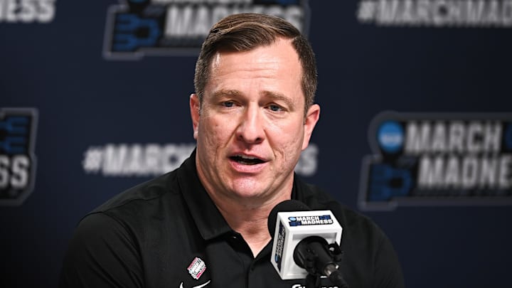 Mar 22, 2026; St. Louis, MO, USA; Iowa State Cyclones head coach T.J. Otzelberger speaks during the postgame press conference after the game against the Kentucky Wildcats during a second round game of the men's 2026 NCAA Tournament at Enterprise Center. 