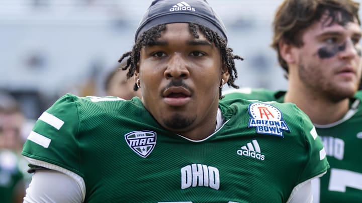 Dec 30, 2022; Tucson, AZ, USA; Ohio Bobcats defensive tackle Bralen Henderson (81) against the Wyoming Cowboys during the 2022 Barstool Sports Arizona Bowl at Arizona Stadium. Mandatory Credit: Mark J. Rebilas-Imagn Images