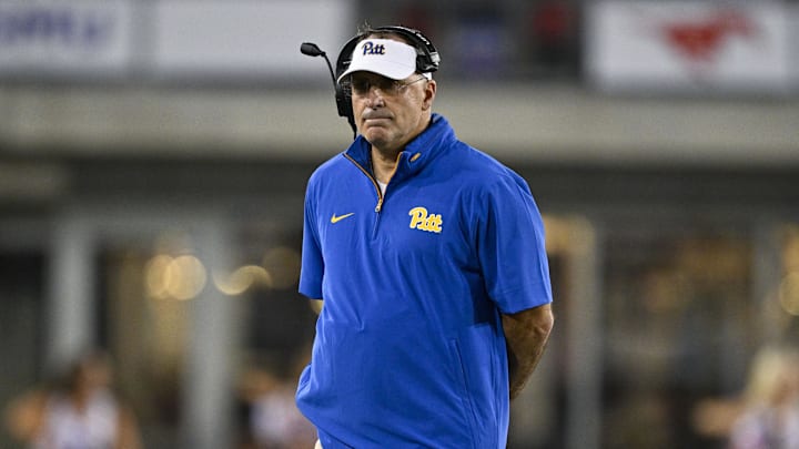 Nov 2, 2024; Dallas, Texas, USA; Pittsburgh Panthers head coach Pat Narduzzi during the game between the Southern Methodist Mustangs and the Pittsburgh Panthers at Gerald J. Ford Stadium. Mandatory Credit: Jerome Miron-Imagn Images