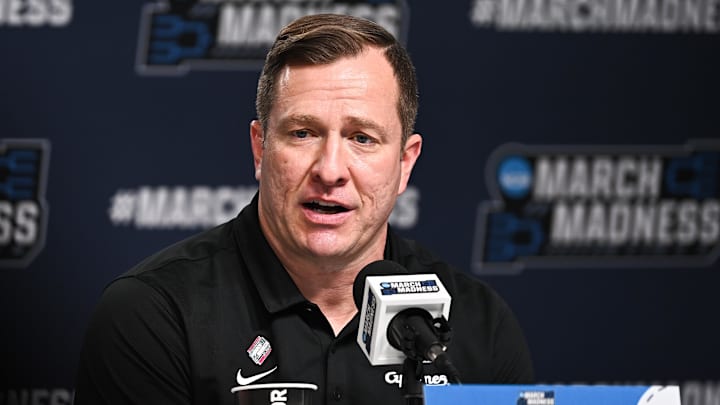 Mar 22, 2026; St. Louis, MO, USA; Iowa State Cyclones head coach T.J. Otzelberger speaks during the postgame press conference after the game against the Kentucky Wildcats during a second round game of the men's 2026 NCAA Tournament at Enterprise Center. 
