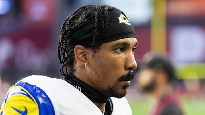 Dec 7, 2025; Glendale, Arizona, USA; Los Angeles Rams cornerback Ahkello Witherspoon (4) against the Arizona Cardinals at State Farm Stadium. Mandatory Credit: Mark J. Rebilas-Imagn Images