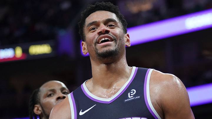 Apr 7, 2026; San Francisco, California, USA;  Sacramento Kings center Dylan Cardwell (32) smiles after getting called for a foul against the Golden State Warriors in the fourth quarter at Chase Center. Mandatory Credit: David Gonzales-Imagn Images