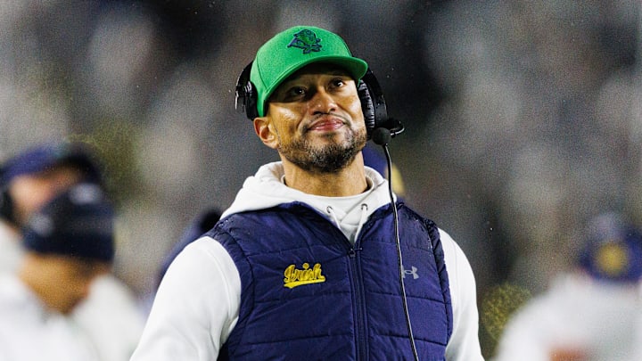 Notre Dame head coach Marcus Freeman looks on during the first half of a NCAA football game against Navy at Notre Dame Stadium on Saturday, Nov. 8, 2025, in South Bend.