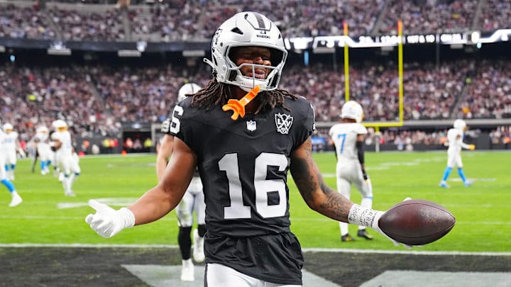 Jan 5, 2025; Paradise, Nevada, USA; Las Vegas Raiders wide receiver Jakobi Meyers (16) celebrates after scoring a touchdown against the Los Angeles Chargers during the second quarter at Allegiant Stadium. Mandatory Credit: Stephen R. Sylvanie-Imagn Images Jan 5, 2025; Paradise, Nevada, USA; Las Vegas Raiders wide receiver Jakobi Meyers (16) celebrates after scoring a touchdown against the Los Angeles Chargers during the second quarter at Allegiant Stadium. Mandatory Credit: Stephen R. Sylvanie-Imagn Images