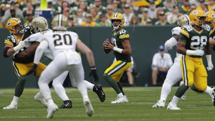 Green Bay Packers quarterback Jordan Love looks to pass against the New Orleans Saints last season.