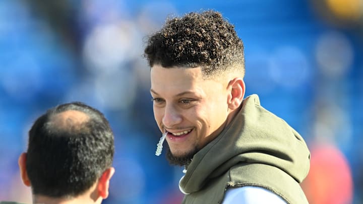 Nov 2, 2025; Orchard Park, New York, USA; Kansas City Chiefs quarterback Patrick Mahomes (15) looks on during warm ups before the game against the Buffalo Bills at Highmark Stadium. 