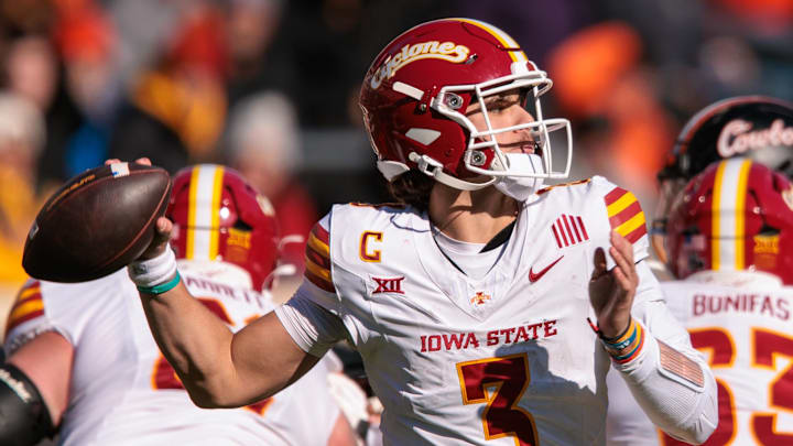 Nov 29, 2025; Stillwater, Oklahoma, USA; Iowa State Cyclones quarterback Rocco Becht (3) passes during the second half against the Oklahoma State Cowboys at Boone Pickens Stadium. 