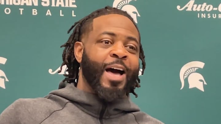 April 16, 2026; East Lansing, Mich.; Michigan State Spartans cornerbacks coach Hank Poteat speaks after a spring practice at the Skandalaris Football Center.