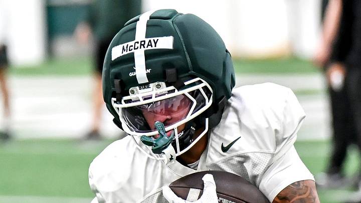 Michigan State's Chrishon McCray runs after a catch during spring football practice on Tuesday, April 14, 2026, in East Lansing.