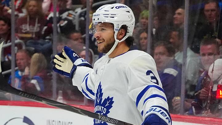 Oct 10, 2026; Denver, Colorado, USA; Toronto Maple Leafs defenseman Nick Blankenburg (3) celebrates his goal in the first period against the Colorado Avalanche at Ball Arena. Mandatory Credit: Ron Chenoy-Imagn Images Oct 10, 2026; Denver, Colorado, USA; Toronto Maple Leafs defenseman Nick Blankenburg (3) celebrates his goal in the first period against the Colorado Avalanche at Ball Arena. Mandatory Credit: Ron Chenoy-Imagn Images