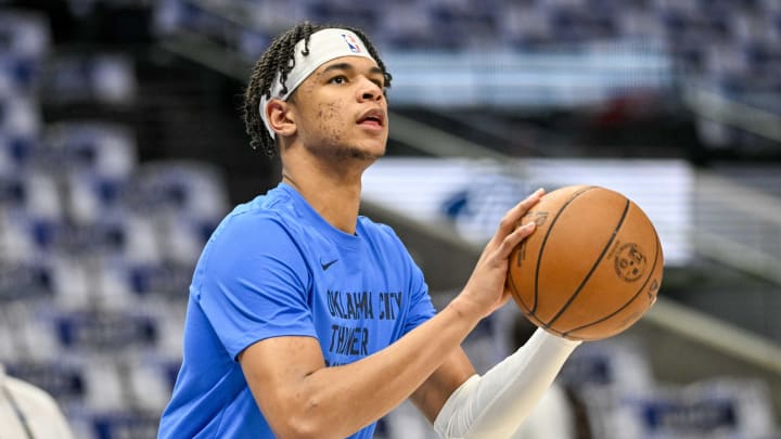 May 13, 2024; Dallas, Texas, USA; Oklahoma City Thunder forward Ousmane Dieng (13) warms up before the game between the Dallas Mavericks and the Oklahoma City Thunder in game four of the second round for the 2024 NBA playoffs at American Airlines Center. Mandatory Credit: Jerome Miron-USA TODAY Sports