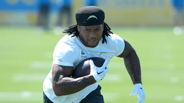 May 19, 2026; El Segundo, CA, USA; Los Angeles Chargers running back Omarion Hampton (8) carries the ball during offseason workouts at The Bolt. Mandatory Credit: Kirby Lee-Imagn Images