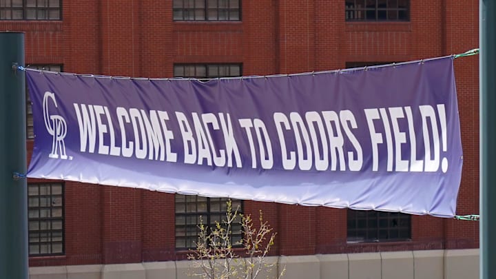 General view of a sign outside Coors Field. General view of a sign outside Coors Field.