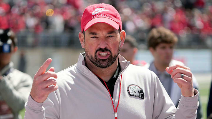 Ohio State Buckeye head coach Ryan Day addresses his team after the spring game at Ohio Stadium on April 12, 2025.