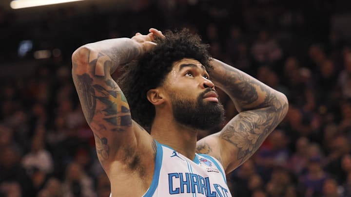 Charlotte Hornets center Nick Richards (4) reacts after being fouled by the Sacramento Kings during the fourth quarter at Golden 1 Center on January 2, 2024.