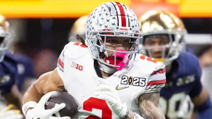 Jan 20, 2025; Atlanta, GA, USA; Ohio State Buckeyes wide receiver Emeka Egbuka (2) against the Notre Dame Fighting Irish during the CFP National Championship college football game at Mercedes-Benz Stadium. Mandatory Credit: Mark J. Rebilas-Imagn Images