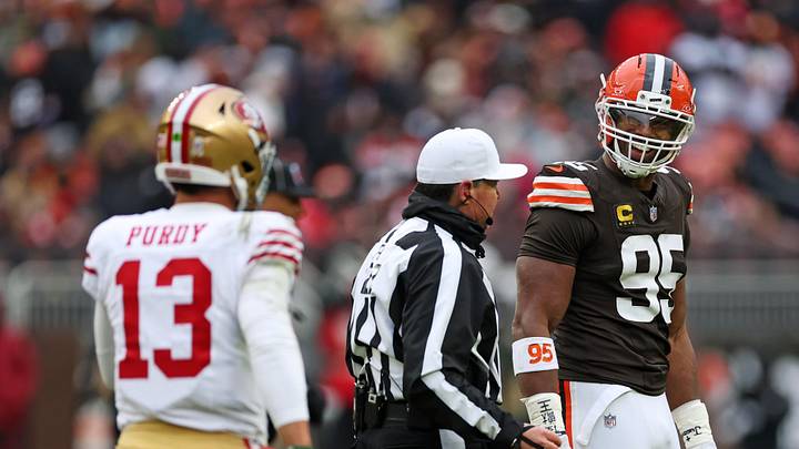 Cleveland Browns defensive end Myles Garrett (95) against San Francisco 49ers quarterback Brock Purdy (13)