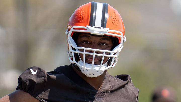 Zion Johnson waits to run a drill at the Browns mini camp in Berea on April 21, 2026.
