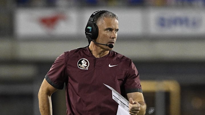 Sep 28, 2024; Dallas, Texas, USA; Florida State Seminoles head coach Mike Norvell during the game between the Southern Methodist Mustangs and the Florida State Seminoles at Gerald J. Ford Stadium. Mandatory Credit: Jerome Miron-Imagn Images