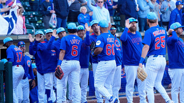 Mar 8, 2025; Mesa, Arizona, USA; A general view as the Chicago Cubs celebrate their win over the Seattle Mariners during a spring training game at Sloan Park. 