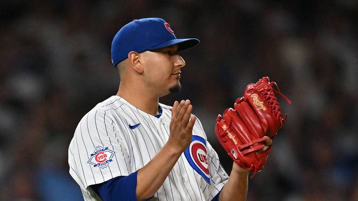 Aug 18, 2026; Chicago, Illinois, USA; Chicago Cubs pitcher Javier Assad (72) reacts against the Chicago White Sox during the fifth inning at Wrigley Field. Mandatory Credit: Patrick Gorski-Imagn Images