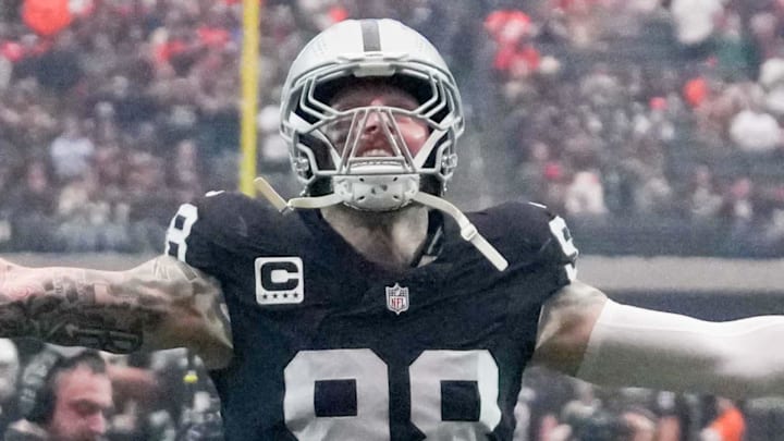 Dec 7, 2025; Paradise, Nevada, USA;  Las Vegas Raiders defensive end Maxx Crosby (98) takes the field prior to a game against the Denver Broncos at Allegiant Stadium. Mandatory Credit: Kirby Lee-Imagn Images