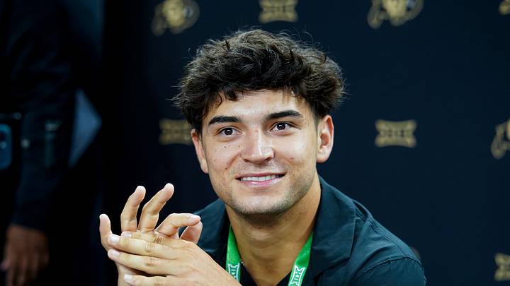 Jul 7, 2026; Frisco, TX, USA; Colorado wide receiver Danny Scudero speaks with reporters during Big 12 Conference Football Media Days at The Star. Jul 7, 2026; Frisco, TX, USA; Colorado wide receiver Danny Scudero speaks with reporters during Big 12 Conference Football Media Days at The Star.