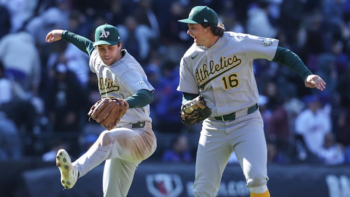 Apr 12, 2026; New York City, New York, USA;  Athletics third baseman Max Muncy (3) and first baseman Nick Kurtz (16) celebrate after defeating the New York Mets 1-0 at Citi Field. Mandatory Credit: Wendell Cruz-Imagn Images